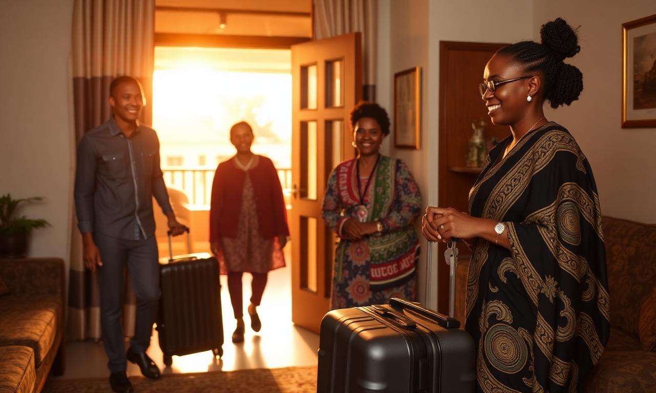 Diaspora Ugandan family arriving at a furnished apartment in Kampala